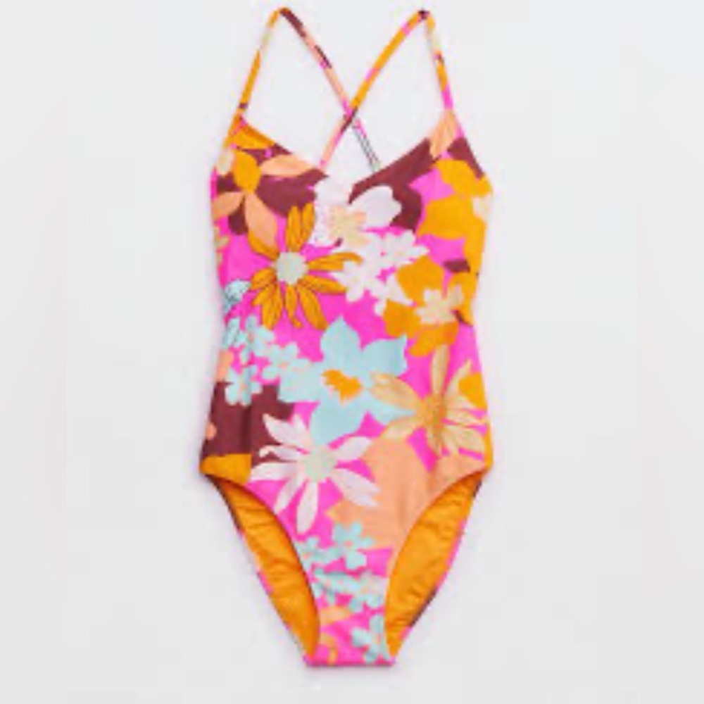 aerie Bright Floral One-Piece Swimsuit in Pink, Orange, Blue